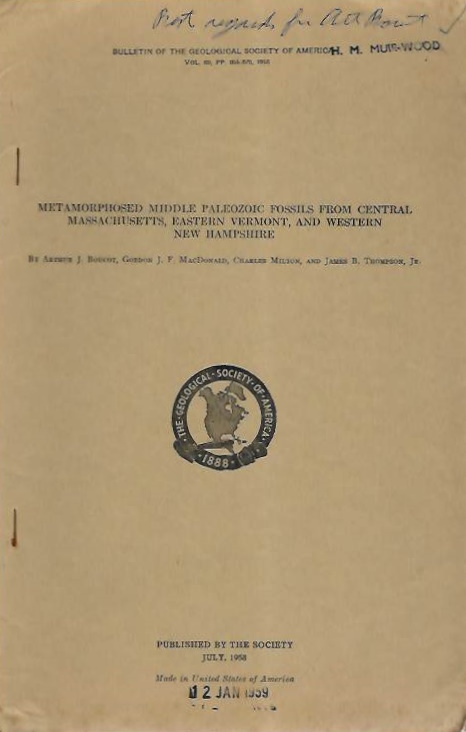 Boucot, A.J.; MacDonald, G.J.F.; Milton, C.; Thompson, J.B. - Metamorphosed middle Paleozoic Fossils from central Massachusetts, eastern Vermont, and western New Hampshire