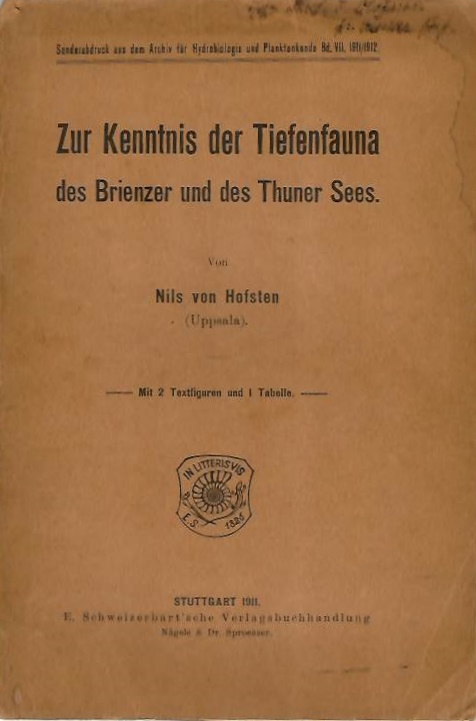 von Hofsten, N. - Zur Kenntnis der Tiefenfauna des Brienzer des Thuner Sees