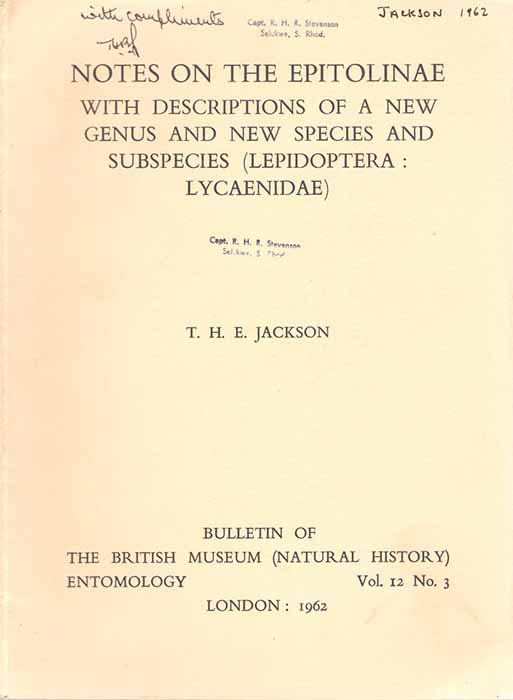 Jackson, T.H.E. - Notes on the Epitolinae with Descriptions of a New Genus and  New Species and Subspecies (Lepidoptera: Lycaebidae)