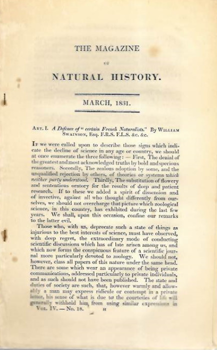 Swainson, W. - A Defence of 'certain French naturalists'