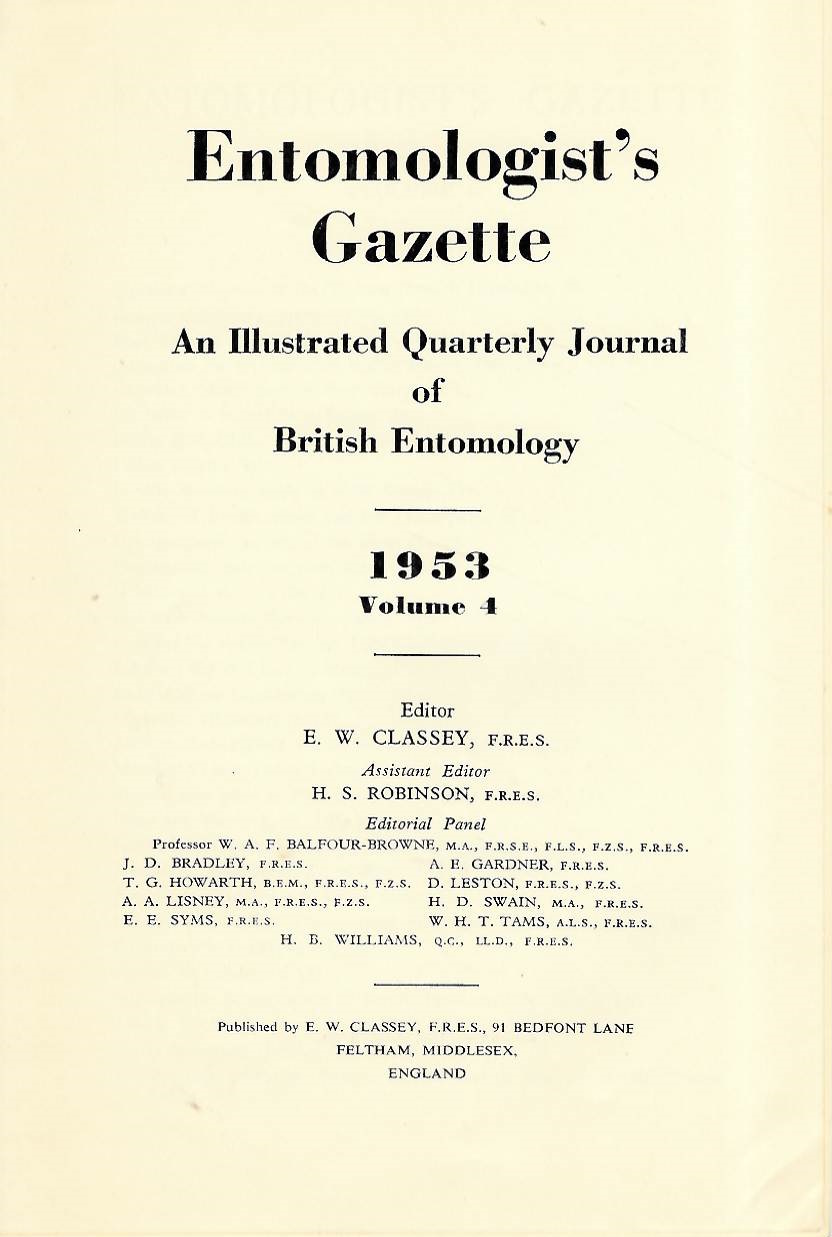  - Entomologist's Gazette. Vol. 4 (1953), Title page and Index