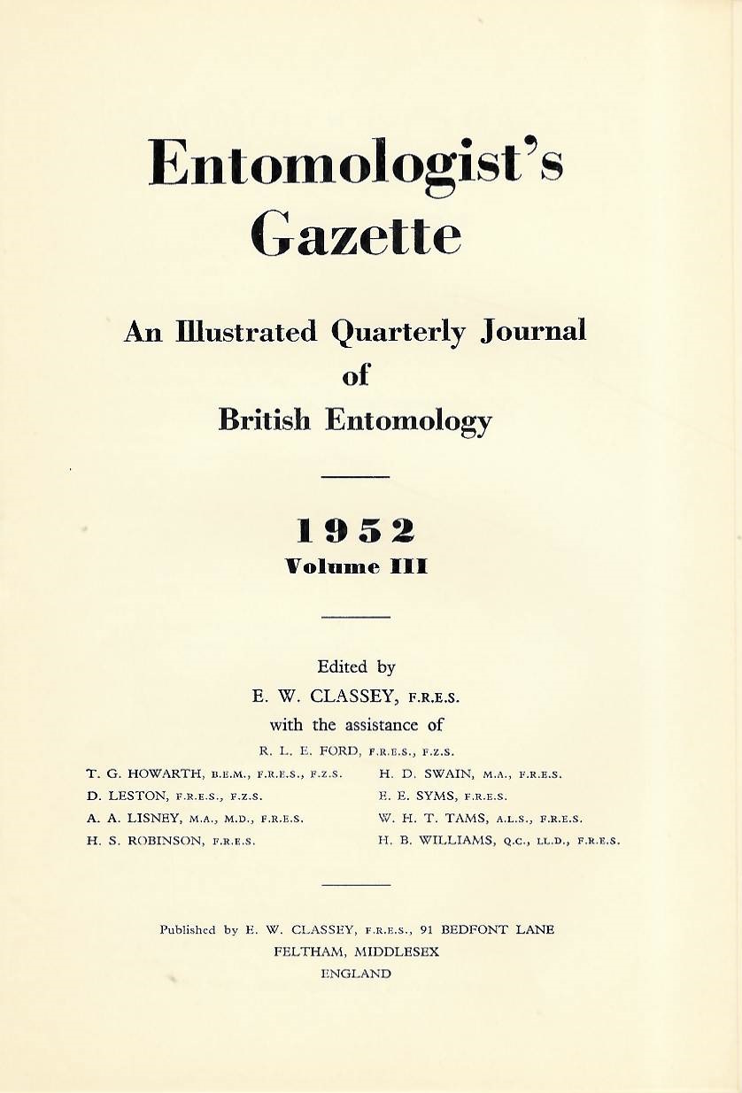  - Entomologist's Gazette. Vol. 3 (1952), Title page and Index