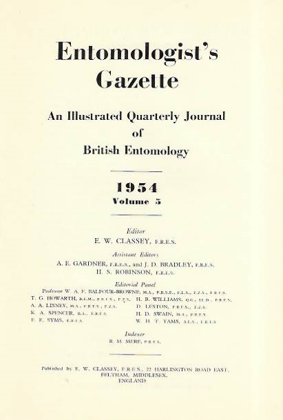  - Entomologist's Gazette. Vol. 5 (1954), Title page and Index