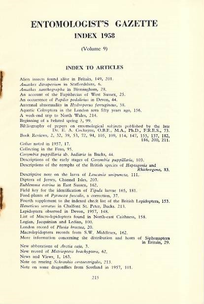  - Entomologist's Gazette. Vol. 9 (1958), Index