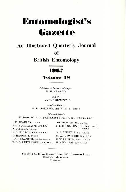  - Entomologist's Gazette. Vol. 18 (1967), Title page and Index