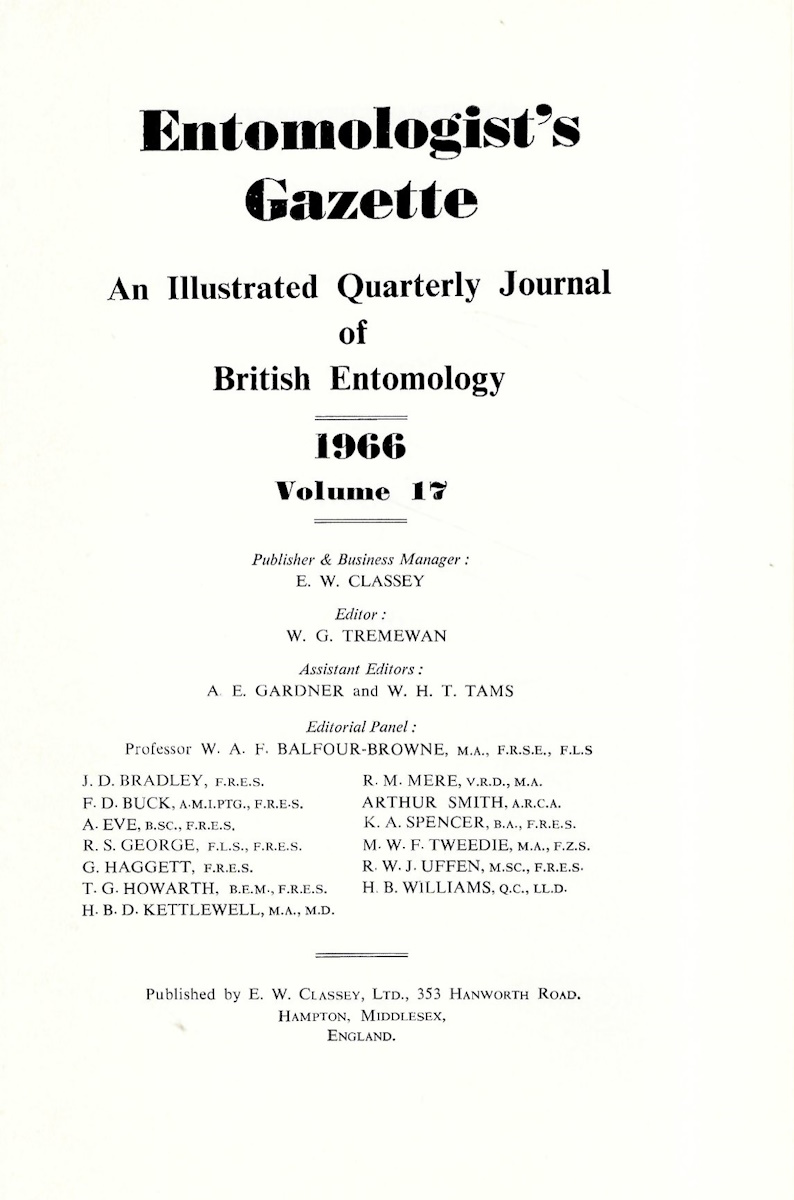  - Entomologist's Gazette. Vol. 17 (1966), Title page and Index