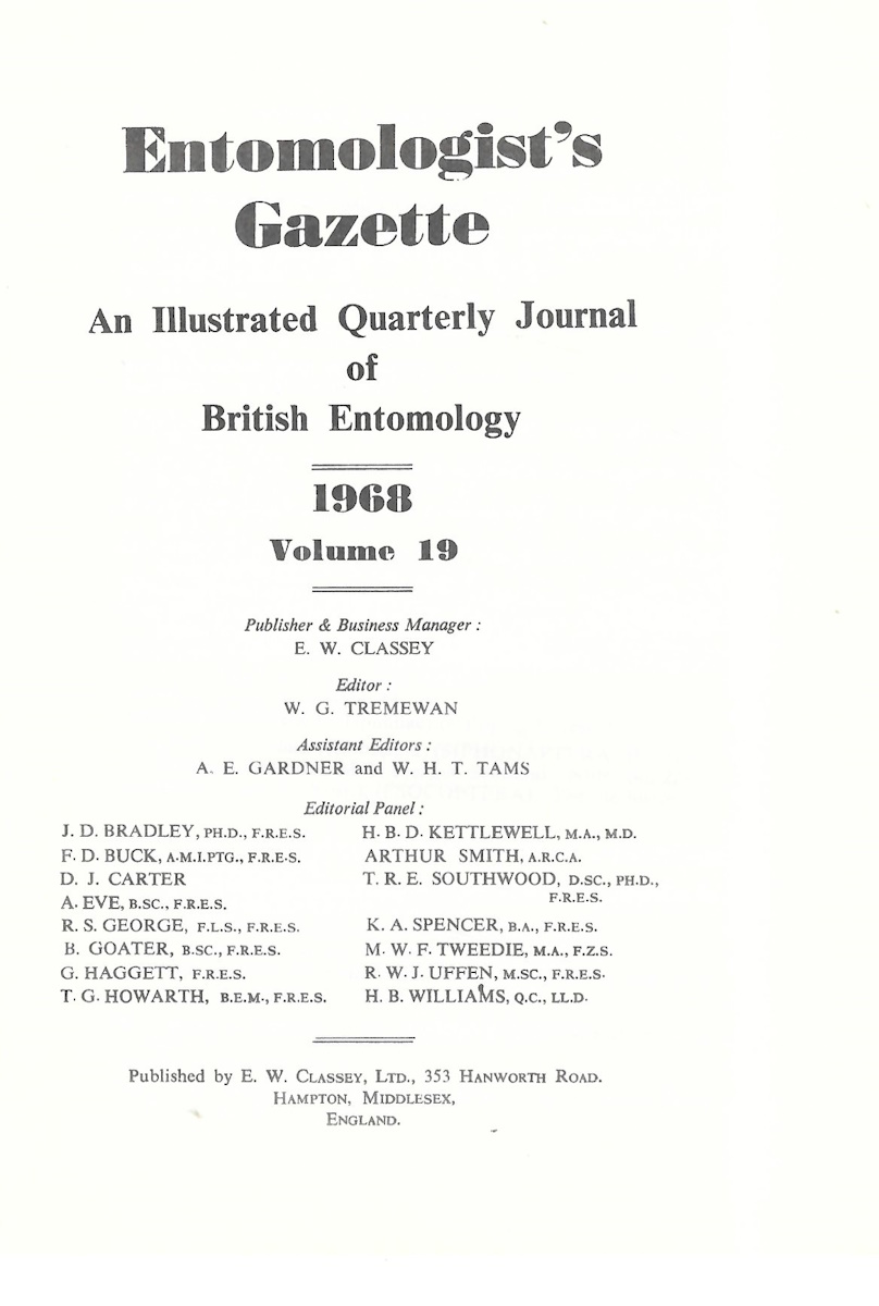  - Entomologist's Gazette. Vol. 19 (1968), Title page and Index