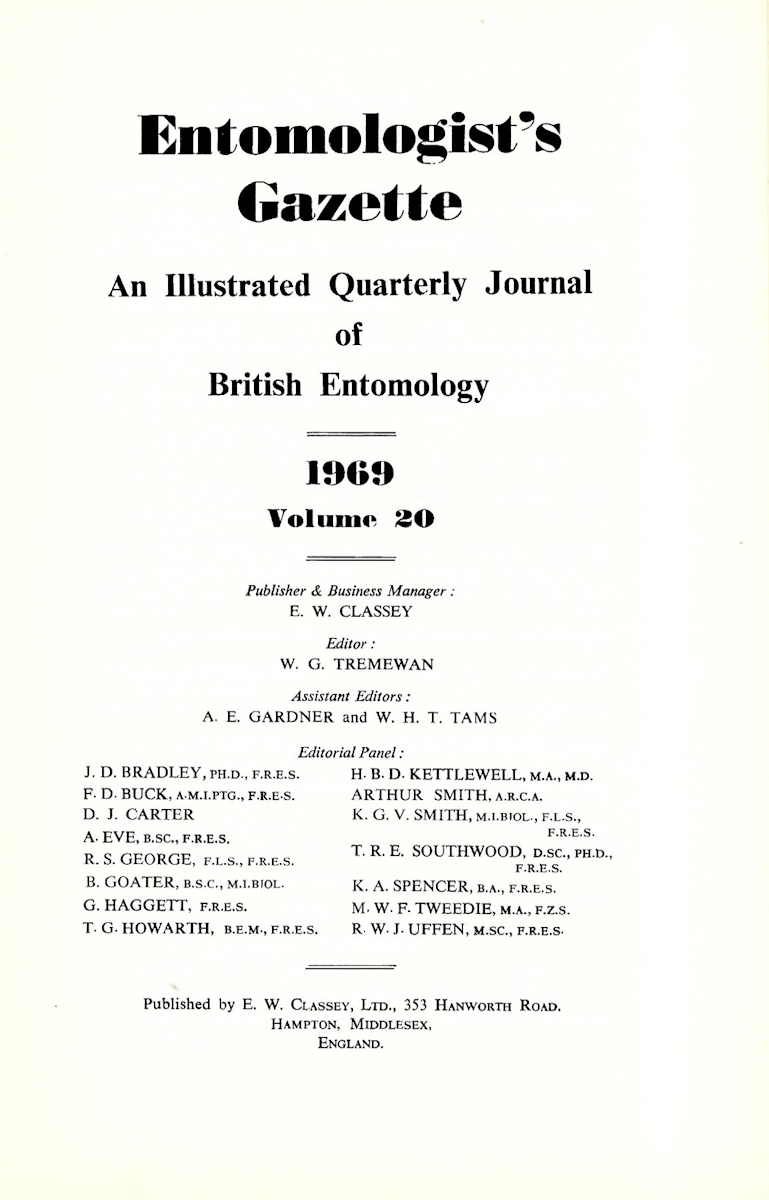  - Entomologist's Gazette. Vol. 20 (1969), Title page and Index