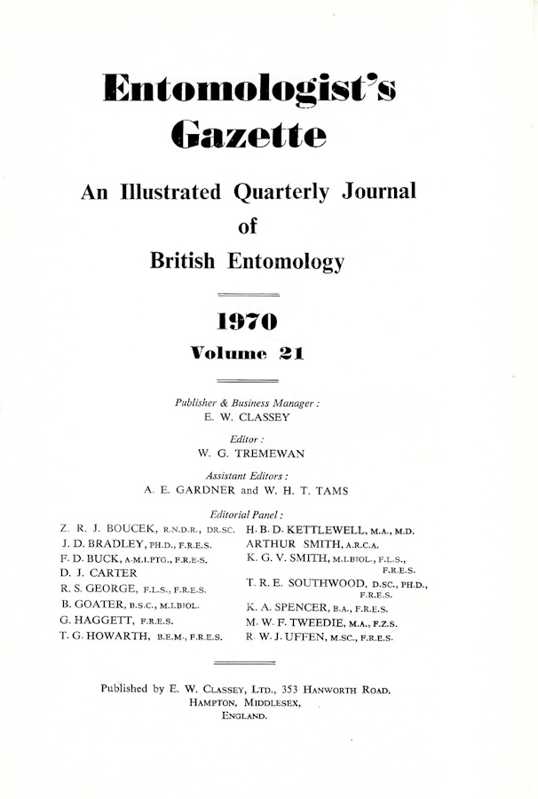  - Entomologist's Gazette. Vol. 21 (1970), Title page and Index