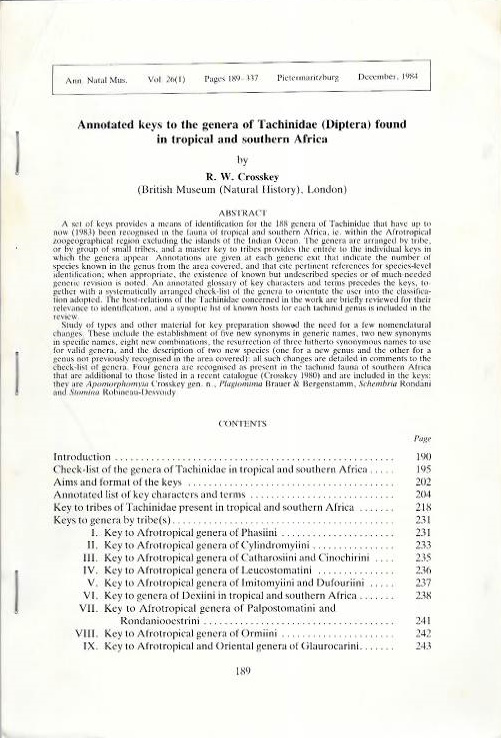 Crosskey, R.W. - Annotated keys to the genera of Tachinidae (Diptera) found in tropical and southern Africa