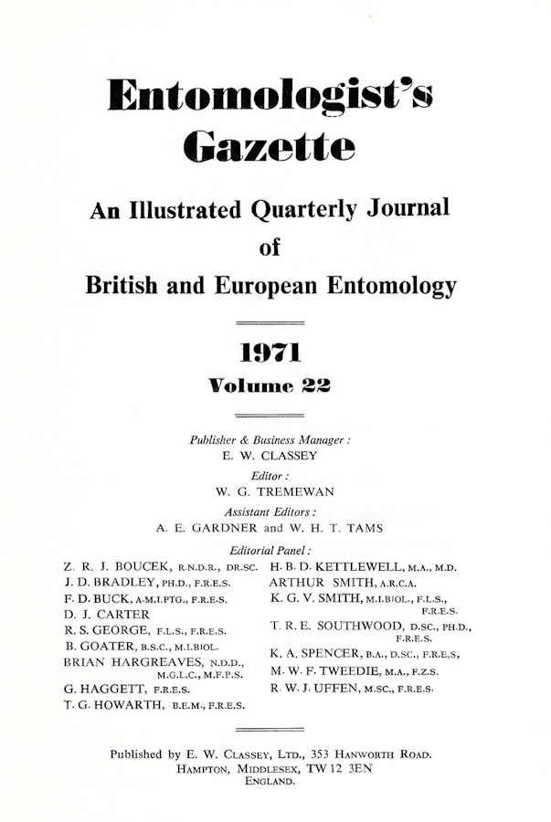  - Entomologist's Gazette. Vol. 22 (1971), Title page and Index