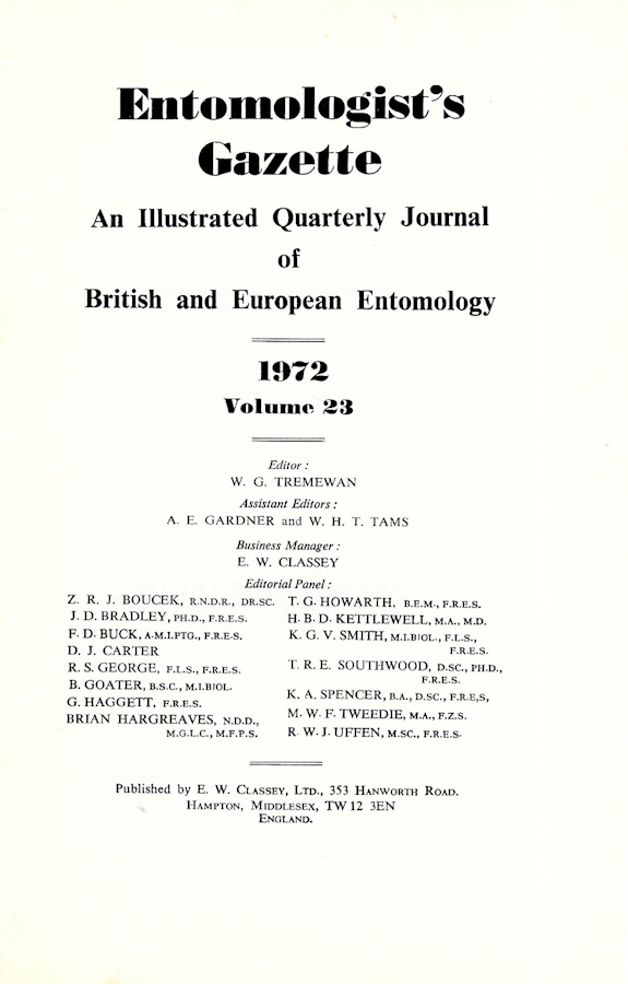 - Entomologist's Gazette. Vol. 23 (1972), Title page and Index
