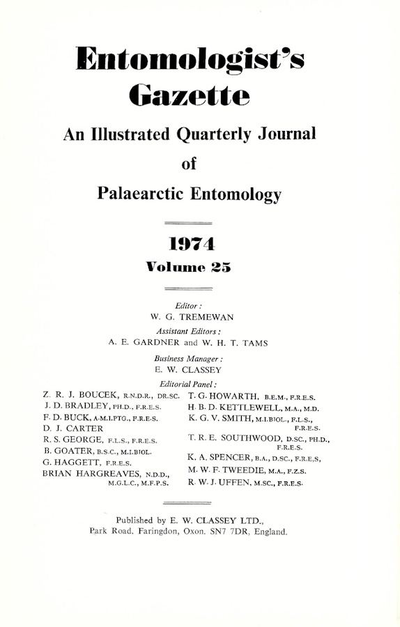  - Entomologist's Gazette. Vol. 25 (1974), Title page and Index