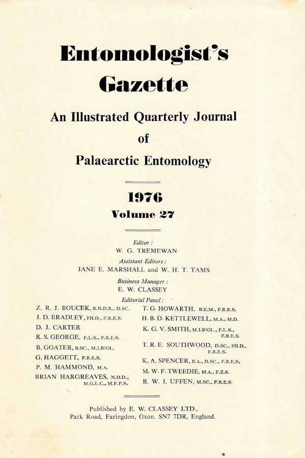  - Entomologist's Gazette. Vol. 27 (1976), Title page and Index