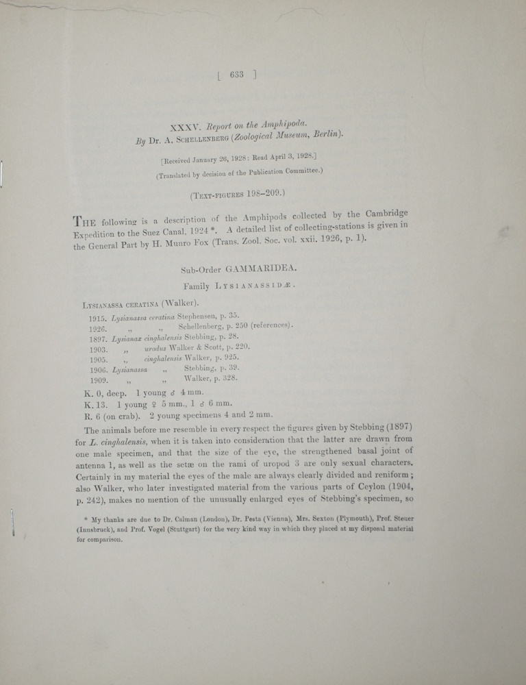 Schellenberg, A. - Report on the Amphipoda. Zoological results of the Cambridge Expedition to the Suez Canal 1924