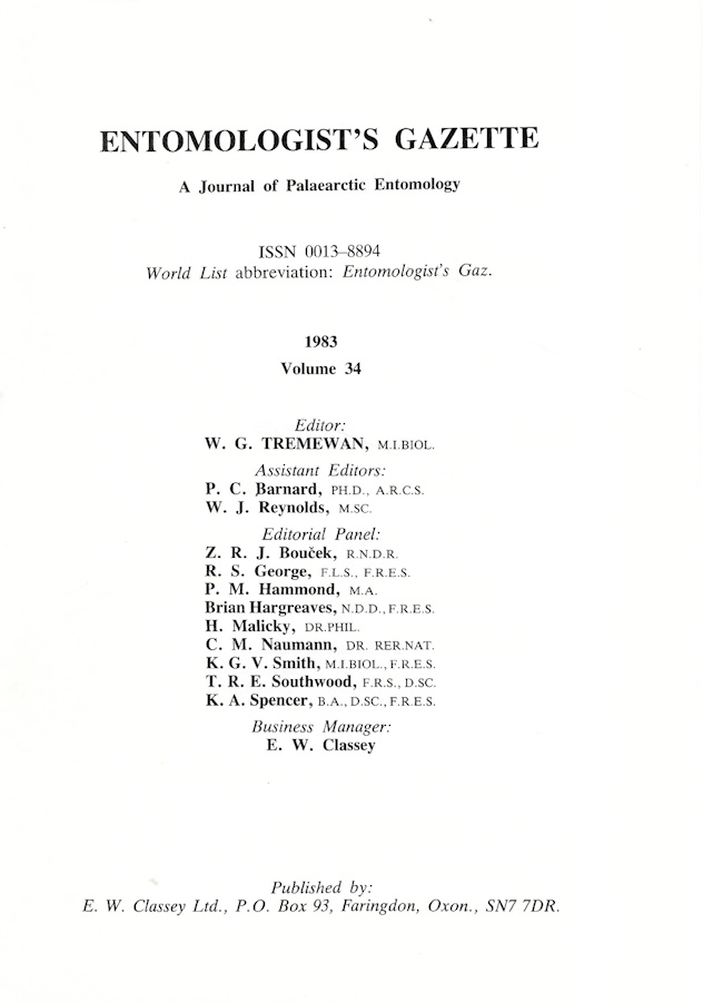  - Entomologist's Gazette. Vol. 34 (1983), Index
