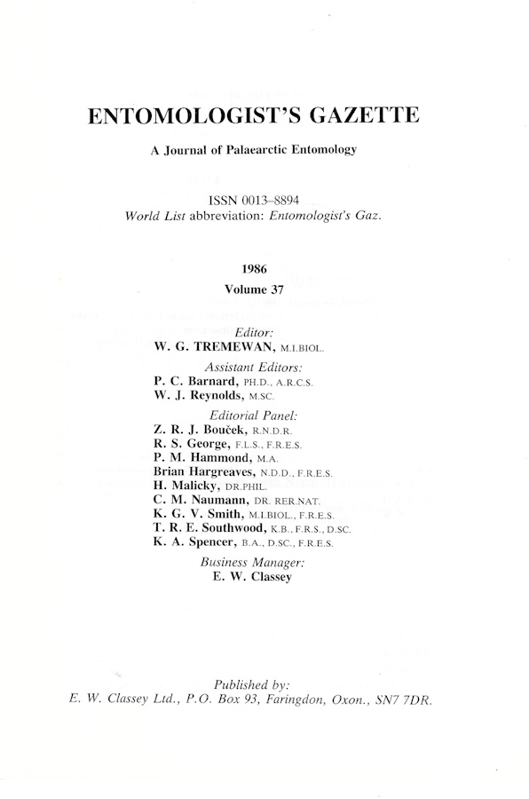  - Entomologist's Gazette. Vol. 37 (1986), Index