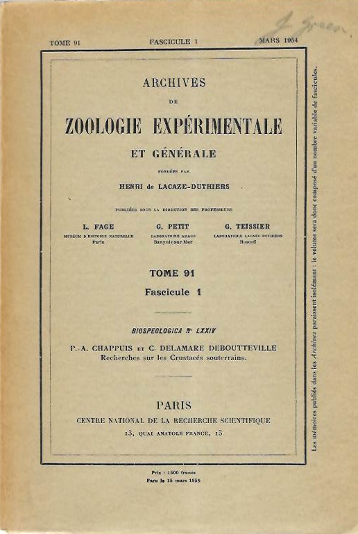 Chappuis, P.-A.; Deboutteville, D.; Balazuc, J.; Ruffo, S. - Recherches sur les Crustacs Souterrains (Premire Srie)