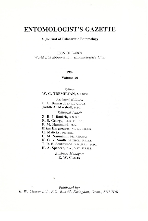  - Entomologist's Gazette. Vol. 40 (1989), Index