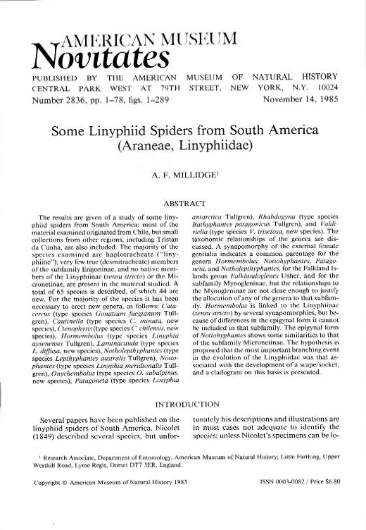 Millidge, A.F. - Some Linyphiid Spiders from South America (Araneae, Linyphiidae)