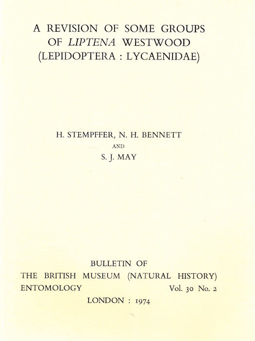 Stempffer, H.; Bennett, N.H.; May, S.J. - A Revision of some Groups of Liptena Westwood (Lepidoptera : Lycaenidae)