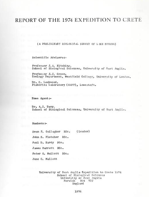 Gallagher, S.P. et al. - Report of the 1974 Expedition to Crete (A Preliminary Biological Survey of Lake Kourna)