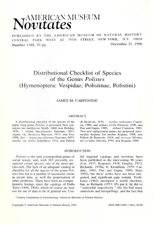 Carpenter, J.M. - Distributional checklist of species of the genus <i>Polistes</i> (Hymenoptera: Vespidae; Polistinae, Polistini)