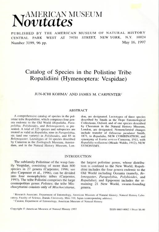 Kojima, J.-I.; Carpenter, J.M. - Catalog of Species in the Polistine Tribe Ropalidiini (Hymenoptera: Vespidae)
