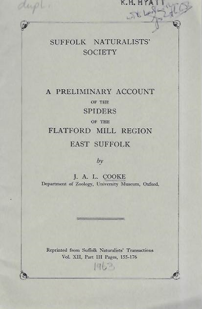 Cooke, J.A.L. - A Preliminary Account of the Spiders of the Flatford Mill Region, East Suffolk