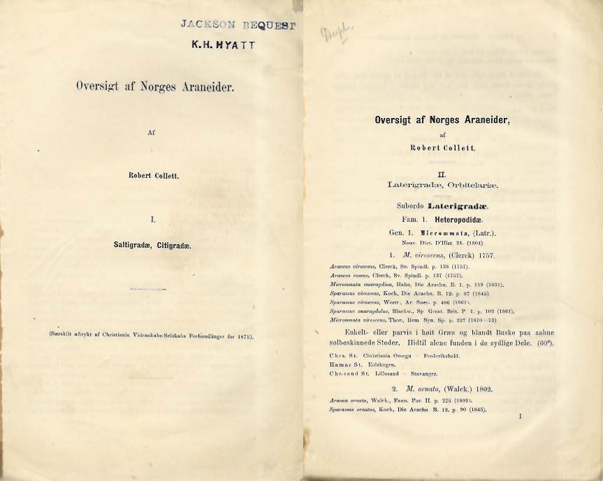 Collett, R. - Oversigt af Norges Araneider Part I: Saltigradae, Citigradae; Part II: Laterigradae, Orbitelariae
