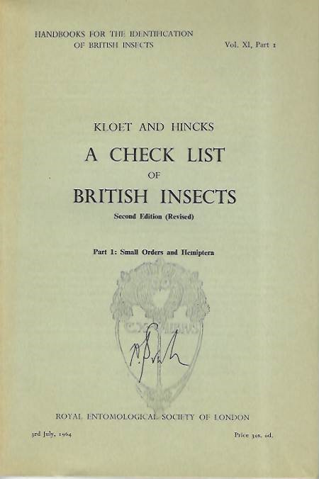 Kloet, G.S.; Hincks, W.D. - Check List of British Insects, pt. 1: Small Orders and Hemiptera (Handbooks for the Identification of British Insects 11/1)