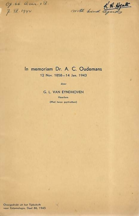 van Eyndhoven, G.L. - In memoriam Dr. A.C. Oudemans 12 Nov. 1858 - 14 Jan. 1943