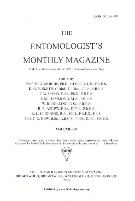  - Entomologist's Monthly Magazine Vol. 142 Index (2006)