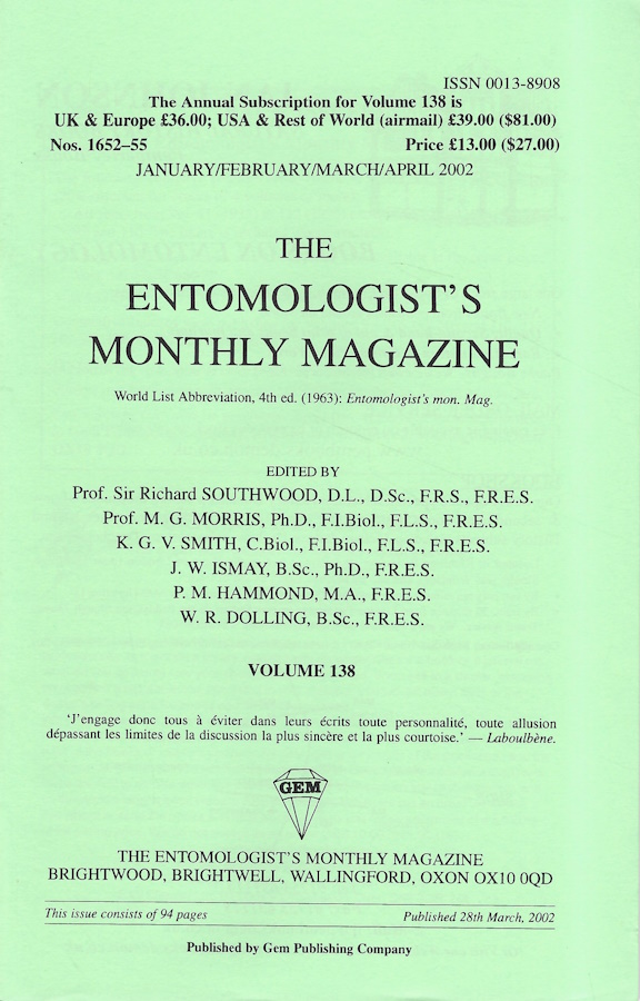  - Entomologist's Monthly Magazine Vol. 138 Part 1 (2002)