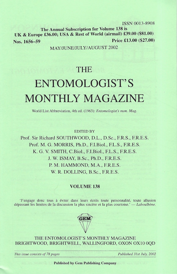  - Entomologist's Monthly Magazine Vol. 138 Part 2 (2002)