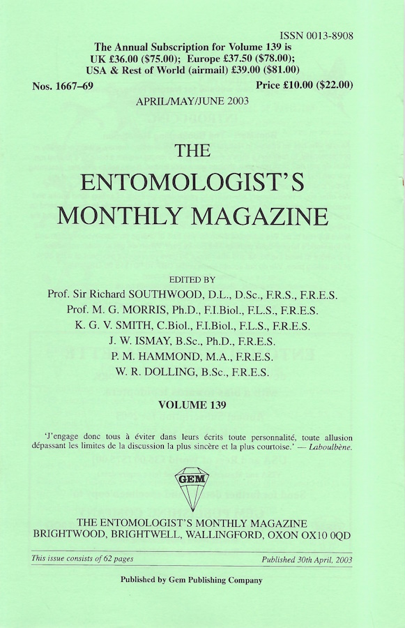  - Entomologist's Monthly Magazine Vol. 139 Part 2 (2003)