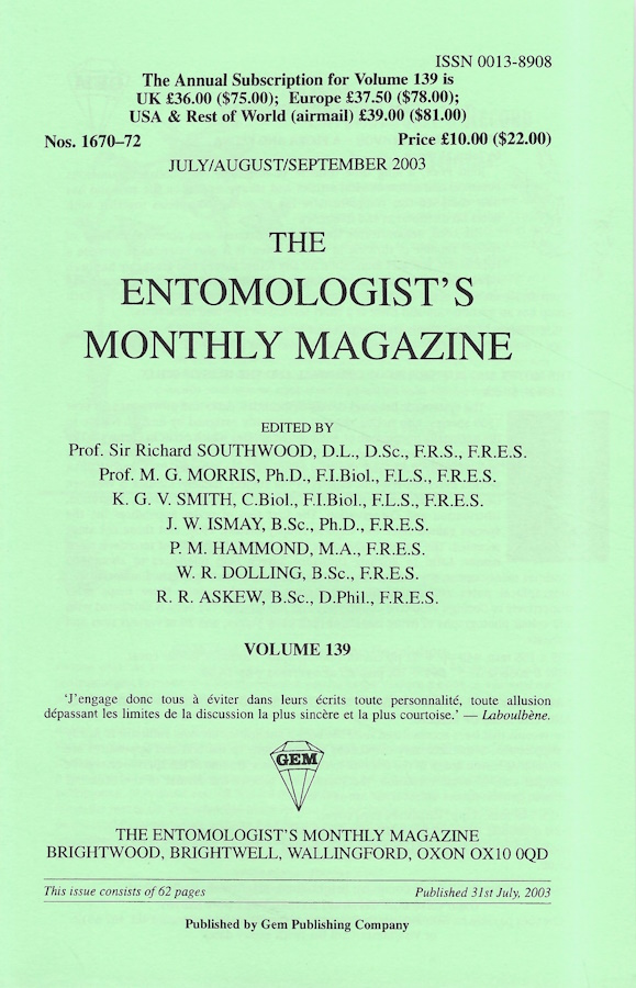  - Entomologist's Monthly Magazine Vol. 139 Part 3 (2003)