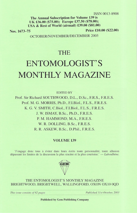  - Entomologist's Monthly Magazine Vol. 139 Part 4 (2003)