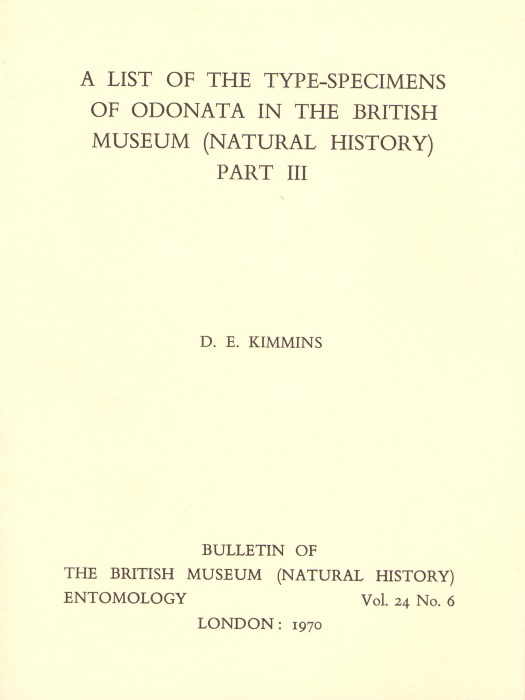 Kimmins, D.E. - A List of the Type-specimens of Odonata in the British Museum (Natural History) Part III