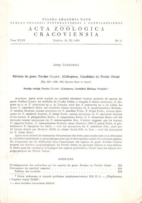 Pawlowski, J. - Revision du genre Trechus Clairv. (Coleoptera, Carabidae) du Proche Orient