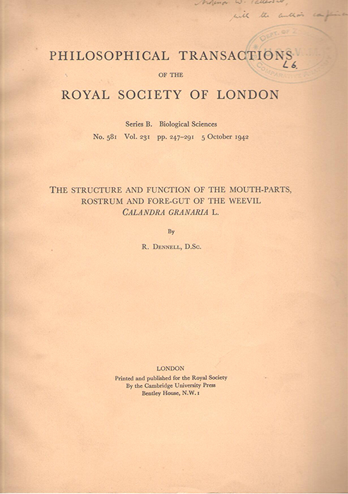 Dennell, R. - The Structure and Function of the Mouth-Parts, Rostrum and Fore-Gut of the Weevil Calandra granaria L.