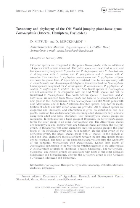 Mifsud, D.; Burckhardt, D. - Taxonomy and Phylogeny of the Old World jumping-louse genus Paurocephala (Insecta, Hemiptera, Psylloidea)