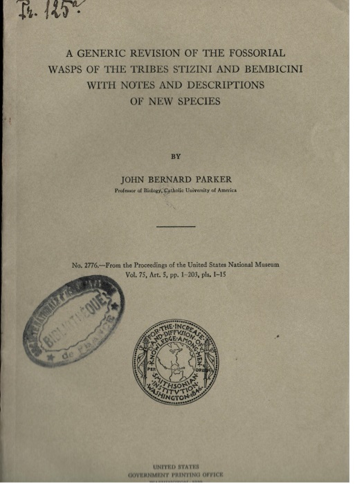 Parker, J.B. - A generic revision of the fossorial wasps of the tribes Stizini and Bembicini with notes and descriptioms of new species